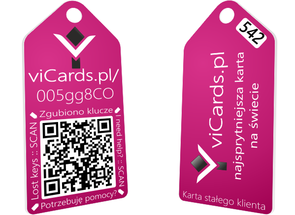 Front and back of a ViCards tag with the card code and QR code